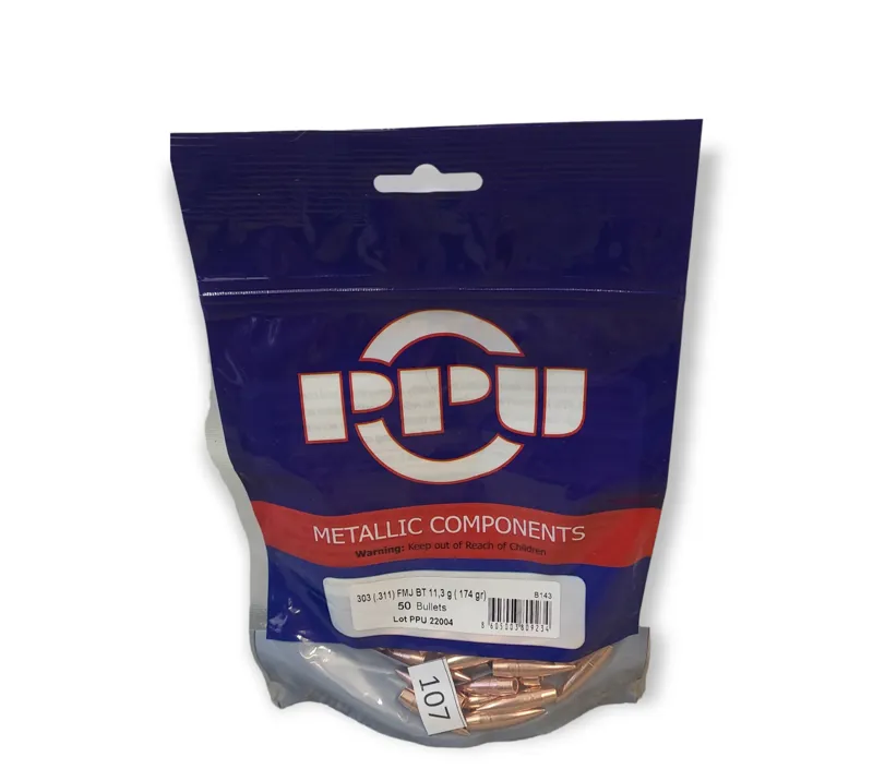 PPU .303 cal .311 FMJ BT 174gr Bullets-50ct